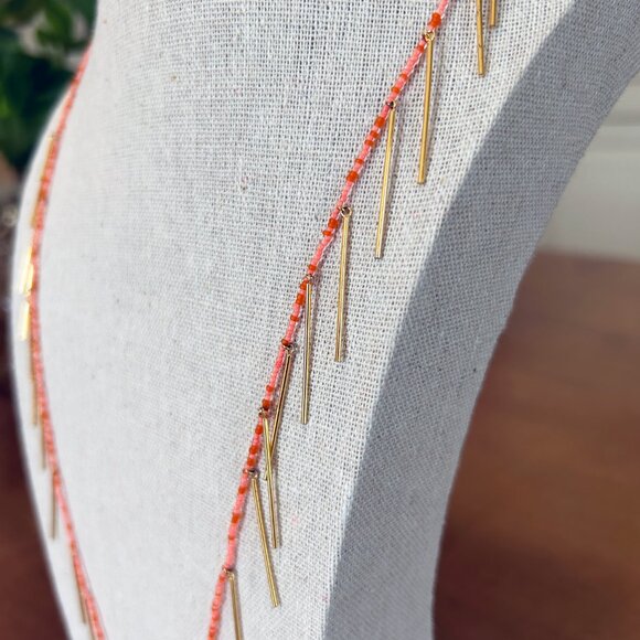 gorjana Orange Beaded Long Necklace with Gold Fringe Bars Fiesta Fun MSRP $68 - Picture 3 of 6